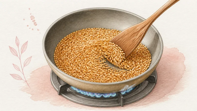 Larb Moo, step 1: Toast the rice evenly.