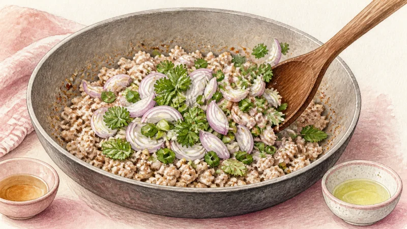 Larb Moo, step 5: Fold in shallot and herbs.