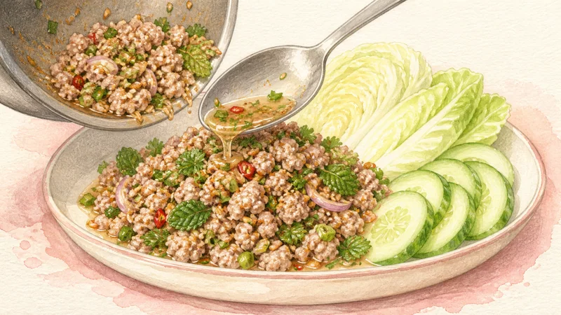 Larb Moo, step 6: Serve warm with crisp vegetables.