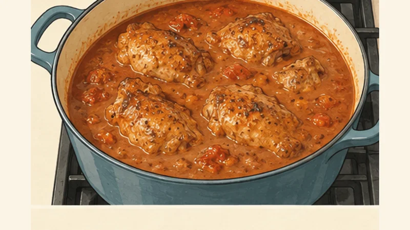 Senegalese Chicken Mafé Peanut Stew, step 4: Simmer chicken in peanut broth.
