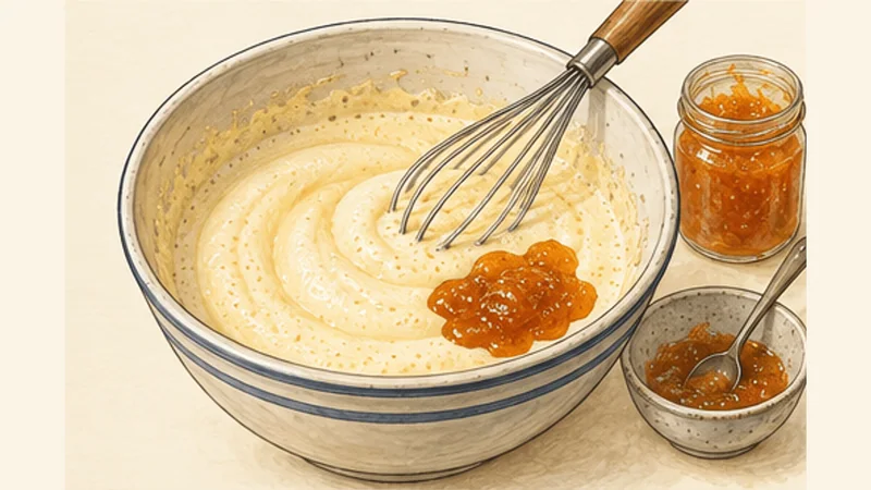 South African Malva Pudding with Warm Cream Sauce, step 2: Whisk eggs, sugar and jam.