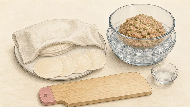 Steamed pork mandu, step 6: Set up a covered wrapping station.