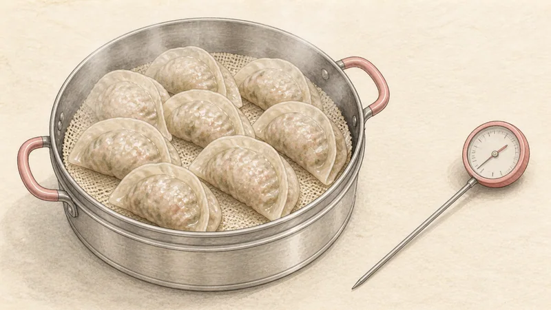 Steamed pork mandu, step 11: Steam to 74°C.