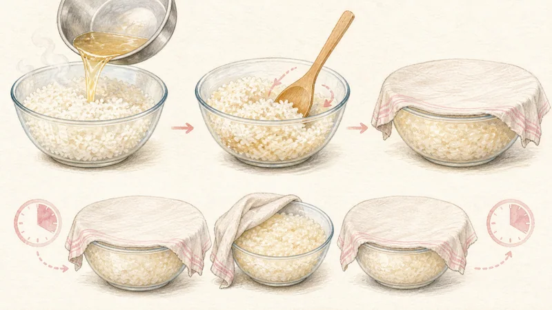Mango Sticky Rice, step 5: Let hot rice absorb syrup.