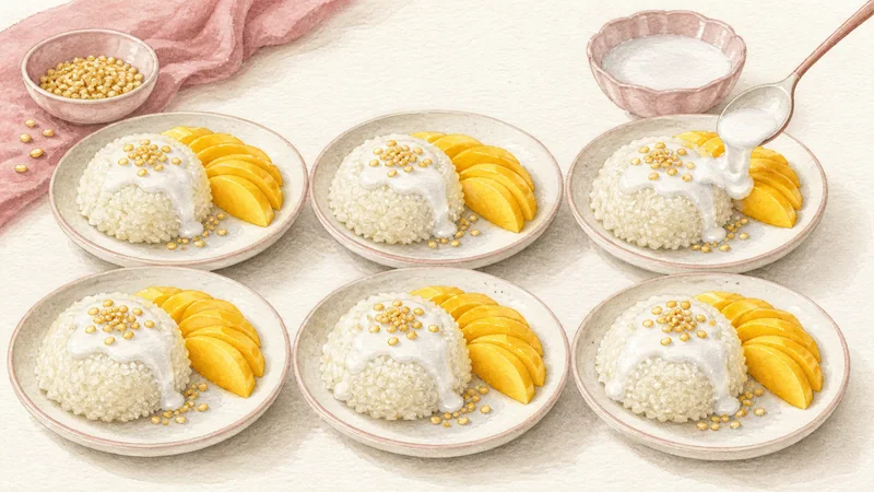Mango Sticky Rice, step 8: Plate warm rice and cool mango.