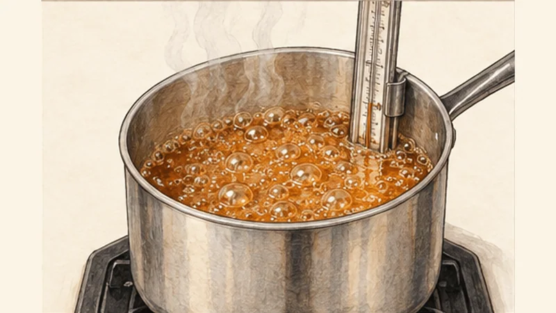 Maple Taffy on Snow, step 2: Heat the maple syrup.