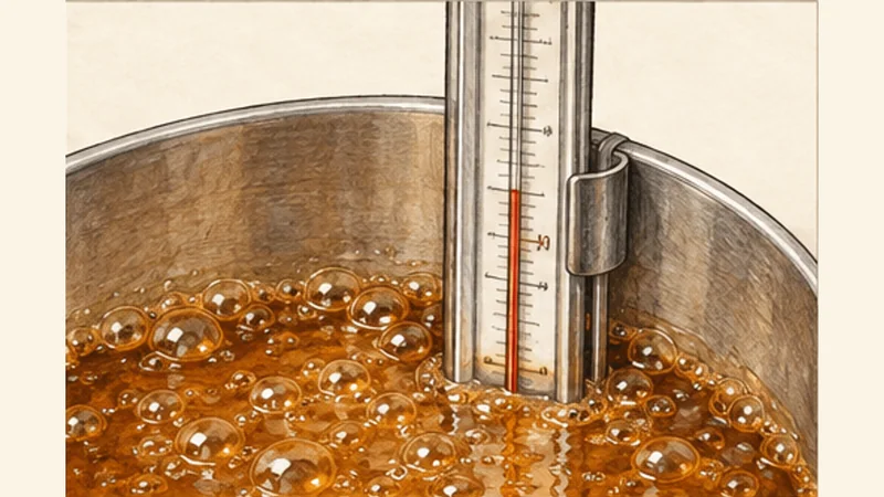 Maple Taffy on Snow, step 3: Cook to the soft-ball stage.