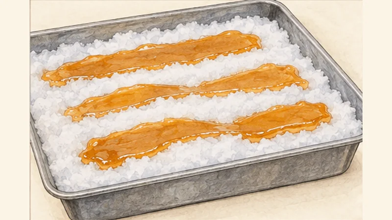 Maple Taffy on Snow, step 4: Pour thin ribbons on snow.