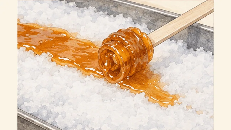 Maple Taffy on Snow, step 5: Roll and serve promptly.
