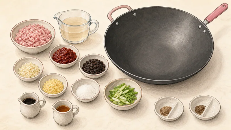 Illustration of measured Mapo tofu ingredients arranged in separate bowls beside an empty wok, with ground peppercorns divided into two portions.