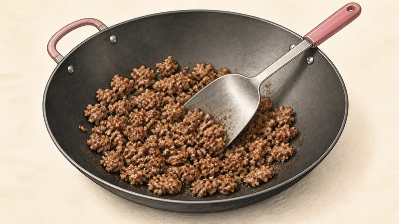 Illustration of fully browned ground pork being broken into small crumbles with a spatula in a black wok.