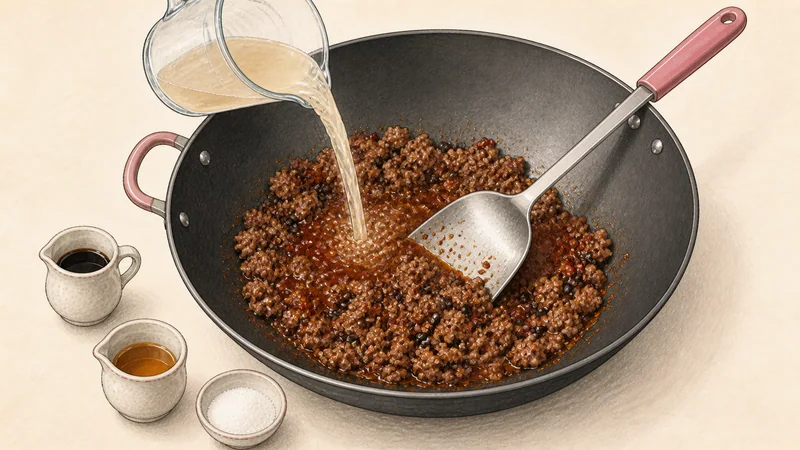 Illustration of pale stock being poured into seasoned pork while a spatula scrapes the base of the wok to form a loose red sauce.