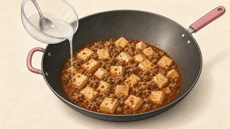Illustration of a spoon-stirred slurry pouring in a thin stream while half remains in the bowl and the tofu stays intact.