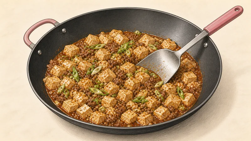 Illustration of sliced scallions and a fine dusting of Sichuan peppercorn being folded into settled Mapo tofu after the heat is turned off.