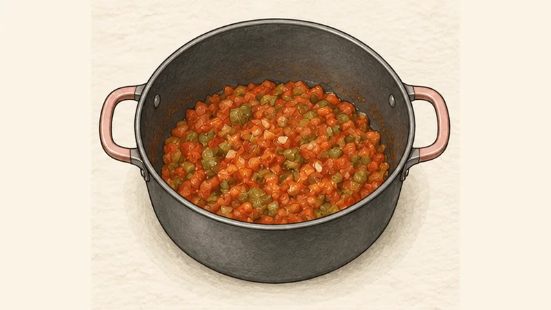Marmitako, step 2: Cook the garlic, tomato and paprika.