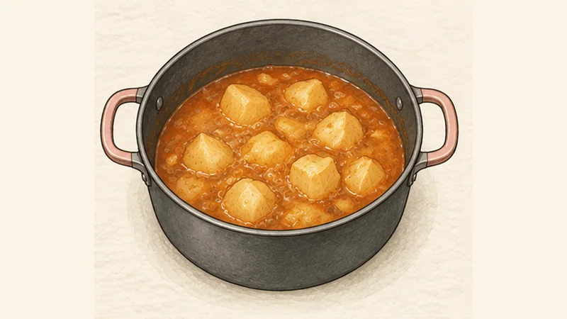 Marmitako, step 3: Simmer the broken potatoes in stock.