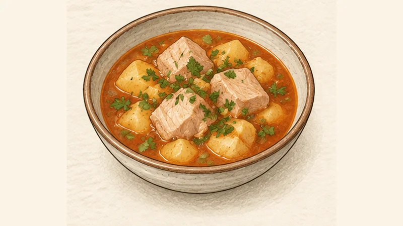 Marmitako, step 6: Rest briefly and finish with parsley.