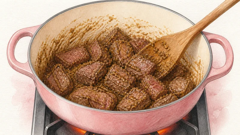 Beef Massaman Curry, step 4: Coat the beef in paste.