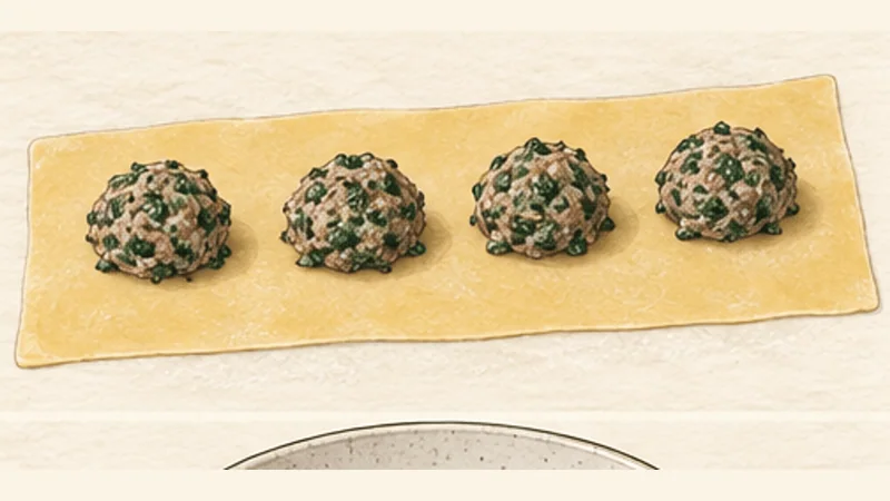 Swabian Maultaschen, step 8: Fill in an even row.