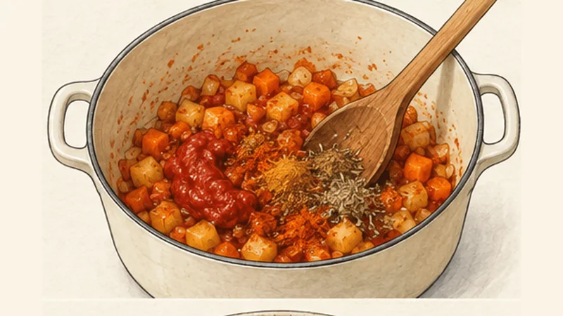Turkish Red Lentil Soup (Mercimek Çorbası), step 3: Toast tomato paste and spices.