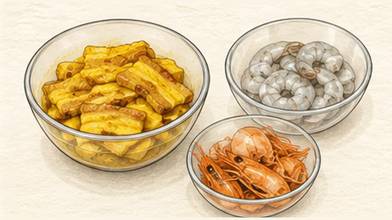 Mì Quảng — Turmeric Noodles with Pork and Shrimp, step 2: Prepare shrimp and season both meats.