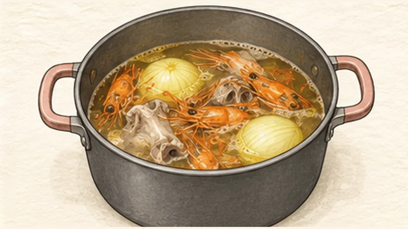 Mì Quảng — Turmeric Noodles with Pork and Shrimp, step 3: Simmer the pork and shrimp stock.