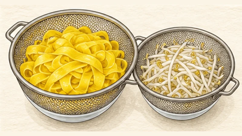 Mì Quảng — Turmeric Noodles with Pork and Shrimp, step 8: Cook noodles and blanch sprouts.
