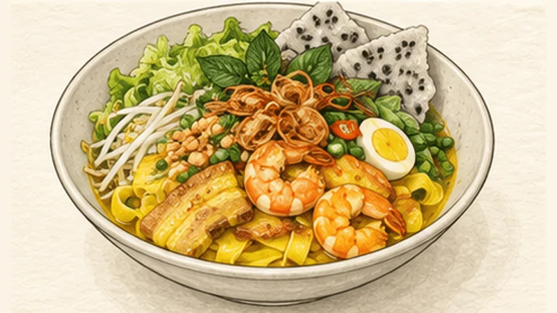 Mì Quảng — Turmeric Noodles with Pork and Shrimp, step 10: Assemble with a shallow broth.