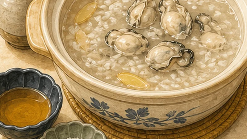 Tainan Milkfish Congee, step 5: Add oysters last.