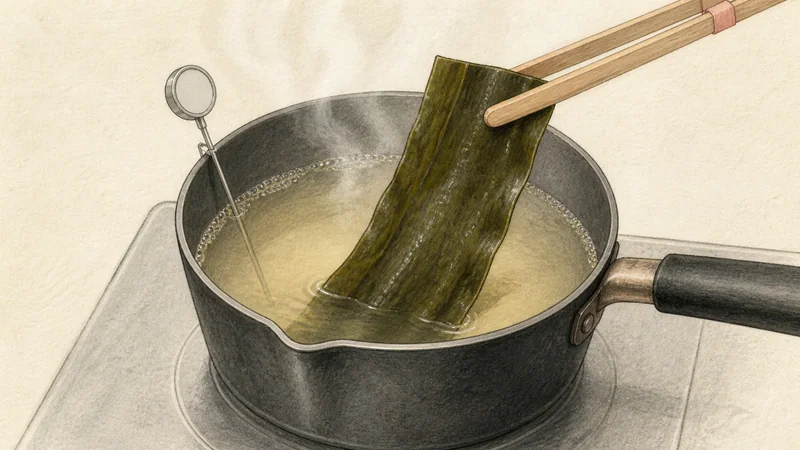 Classic tofu and wakame miso soup, step 1: Soak and heat the kombu.