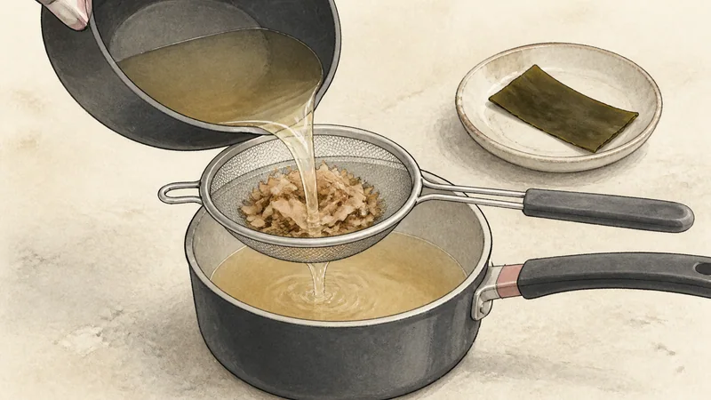 Classic tofu and wakame miso soup, step 2: Steep and strain the dashi.