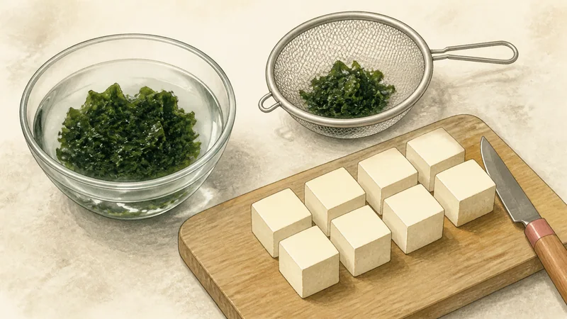 Classic tofu and wakame miso soup, step 3: Prepare tofu and wakame.