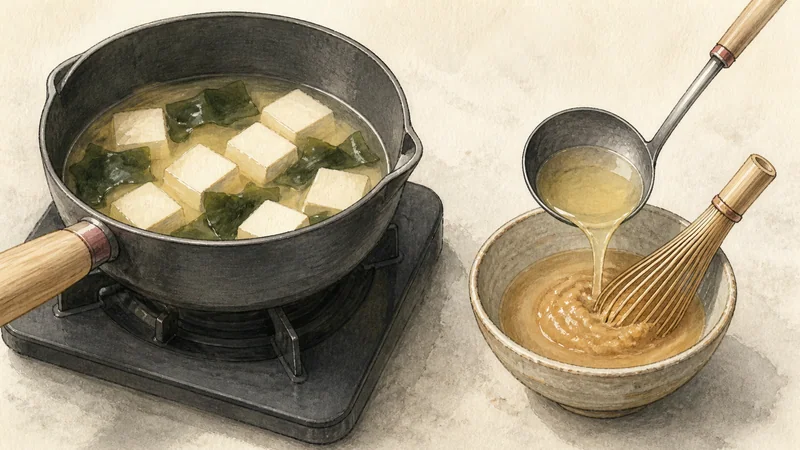 Classic tofu and wakame miso soup, step 5: Dissolve the miso off heat.