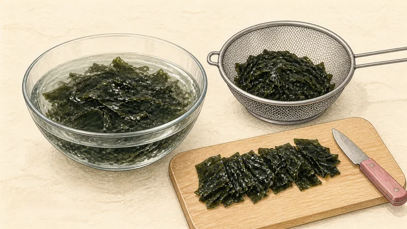 Beef miyeok-guk, step 1: Soak and cut the seaweed.
