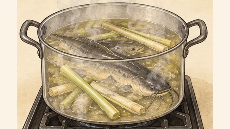 Myanmar Mohinga, step 1: Poach the fish.
