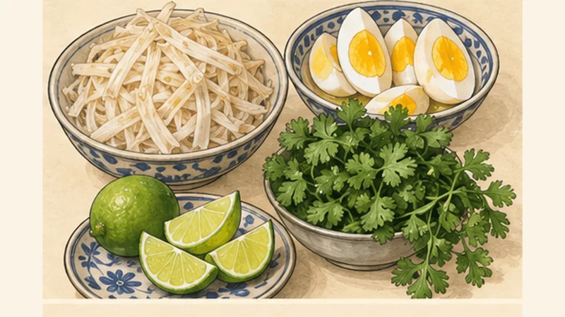 Myanmar Mohinga, step 5: Season and prepare toppings.