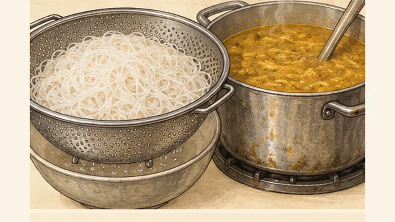 Myanmar Mohinga, step 6: Warm the noodles.