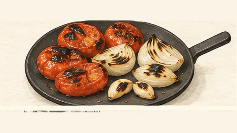 Mole Poblano, step 7: Char the tomato, onion and garlic.