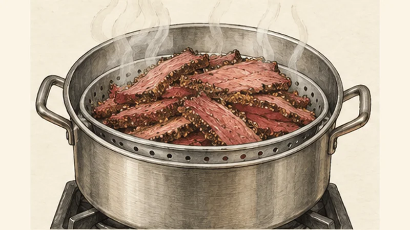 Montréal Smoked Meat Sandwich, step 2: Steam the smoked meat.