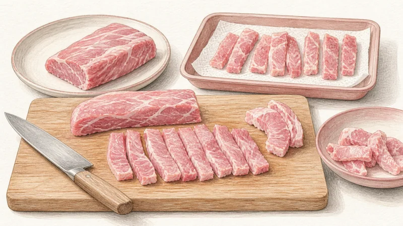 Thai Moo Ping, step 1: Slice pork into flexible ribbons.