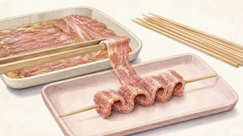 Thai Moo Ping, step 5: Thread broad, even skewers.
