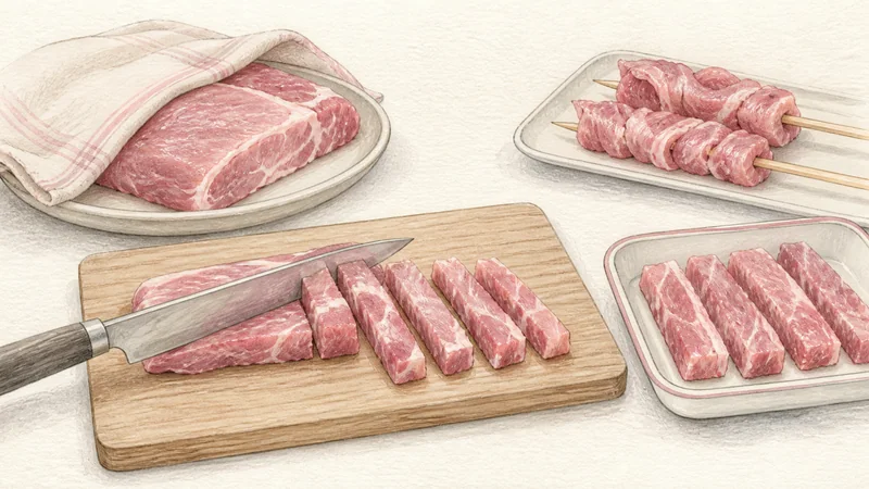 Thai Pork Satay, step 1: Cut uniform pork strips.