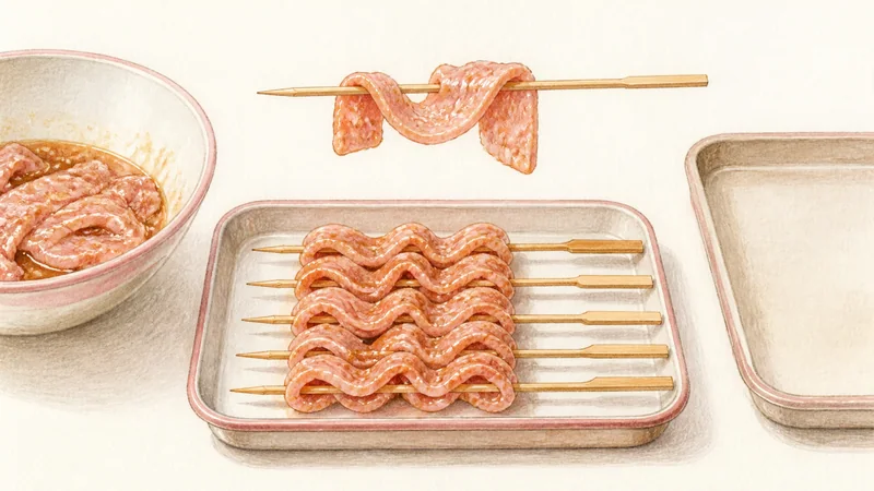 Thai Pork Satay, step 6: Thread thin folded ribbons.