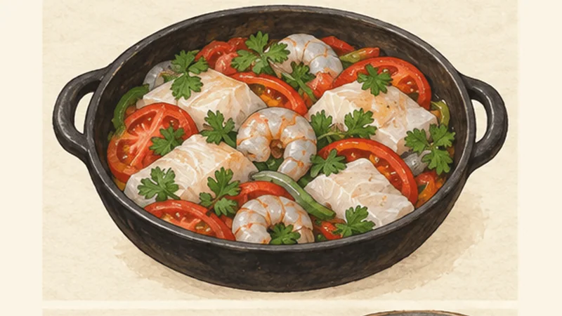 Moqueca Baiana, step 4: Layer the seafood.