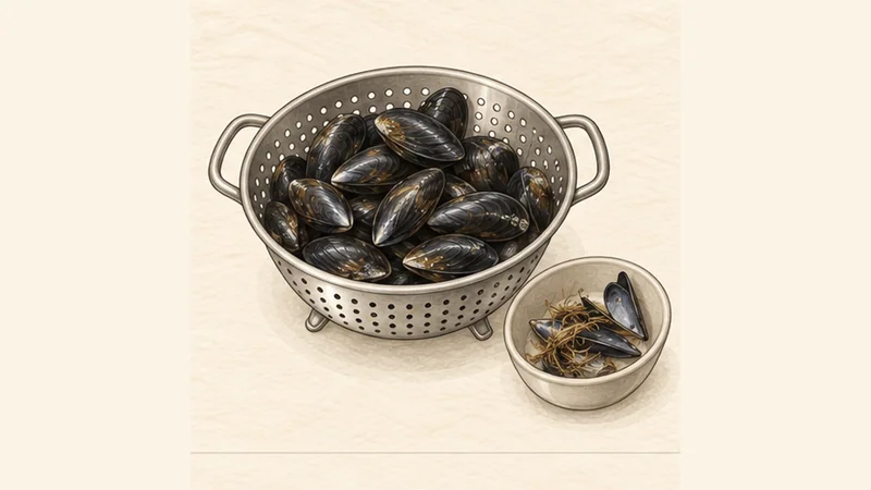 Moules Marinières, step 1: Sort and clean the mussels.