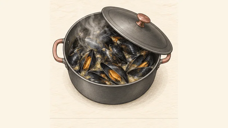 Moules Marinières, step 3: Add wine and steam.