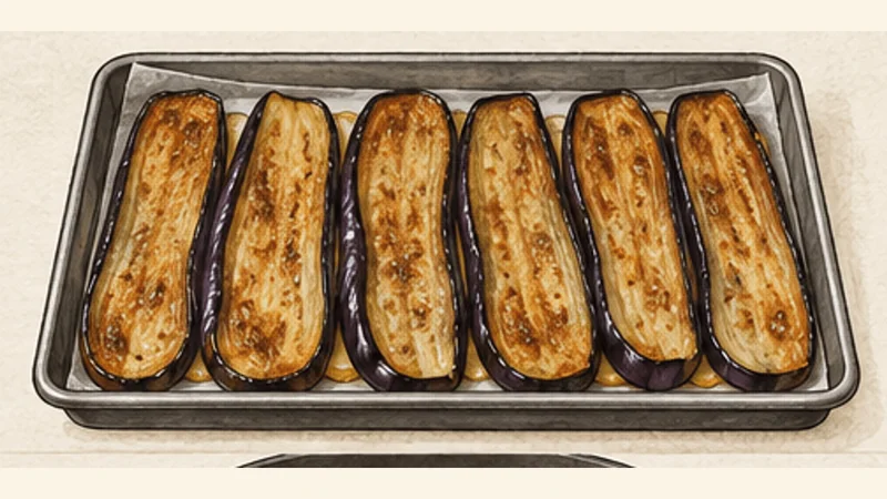 Moussaka, step 3: Roast the eggplant.