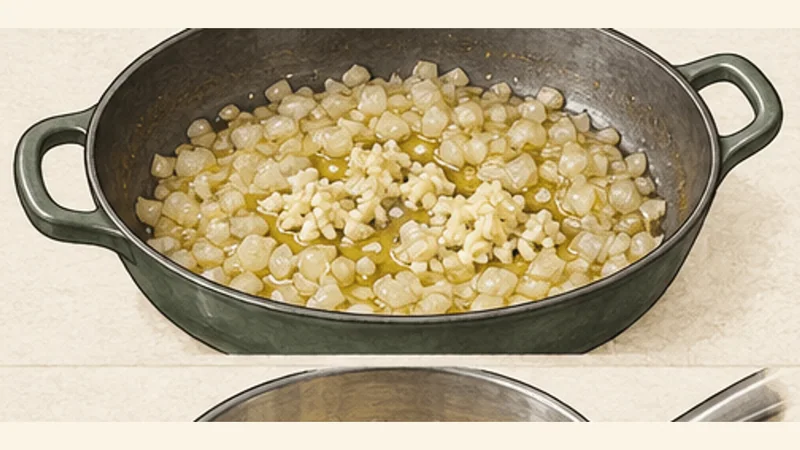 Moussaka, step 4: Soften the aromatics.