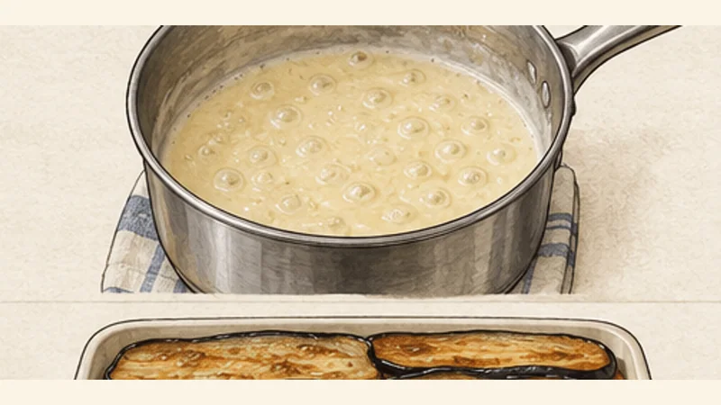 Moussaka, step 7: Cook the béchamel roux.
