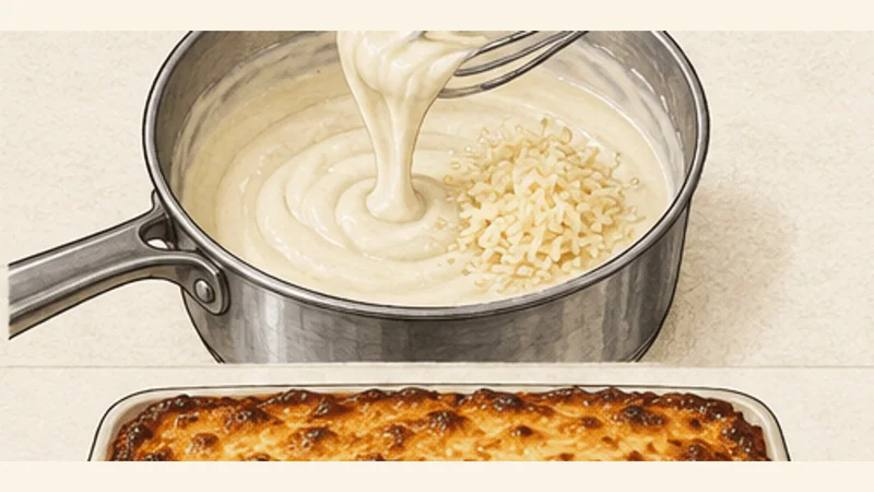 Moussaka, step 8: Thicken and finish the béchamel.